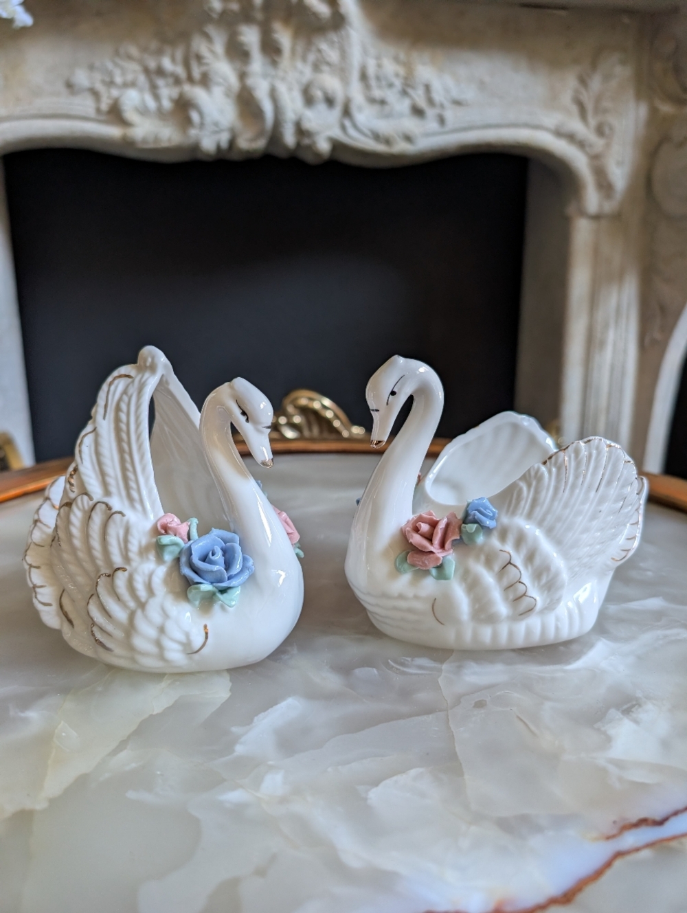 Vintage, Set of 2, Mini Ceramic Swans trinket storage planter decor 4.25"